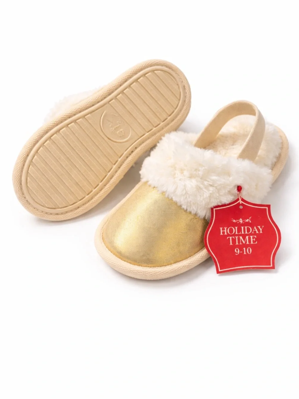 Girls Gold Fuzzy Slippers Cozy Plush Slip On House Shoes Size 9-10
